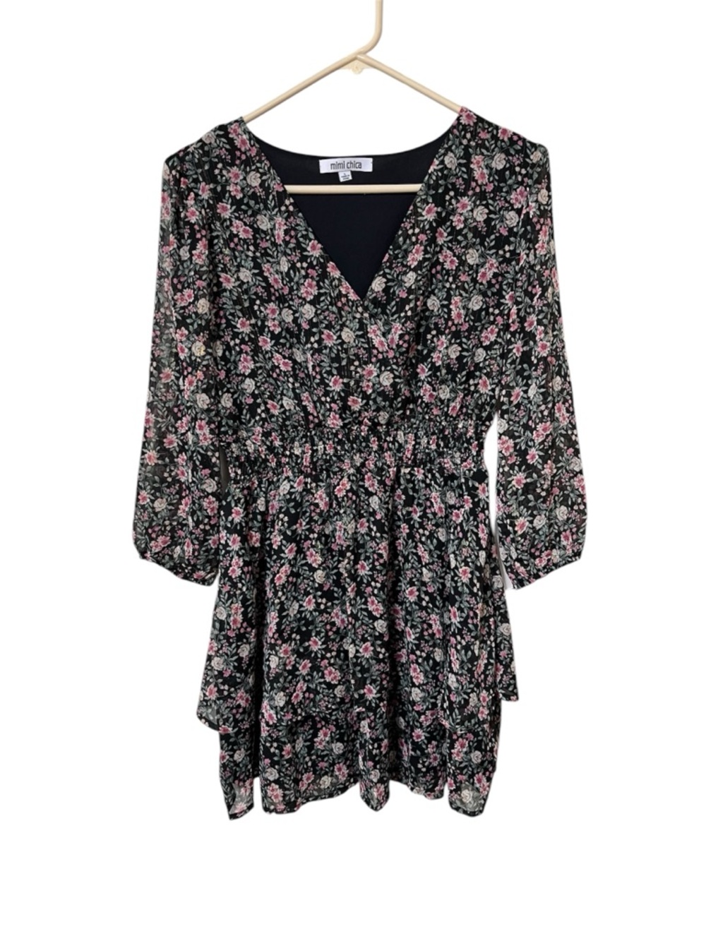Mimi Chica Boho Floral Print Mini Dress Ruffled Size L 3/4 Sleeve NWT